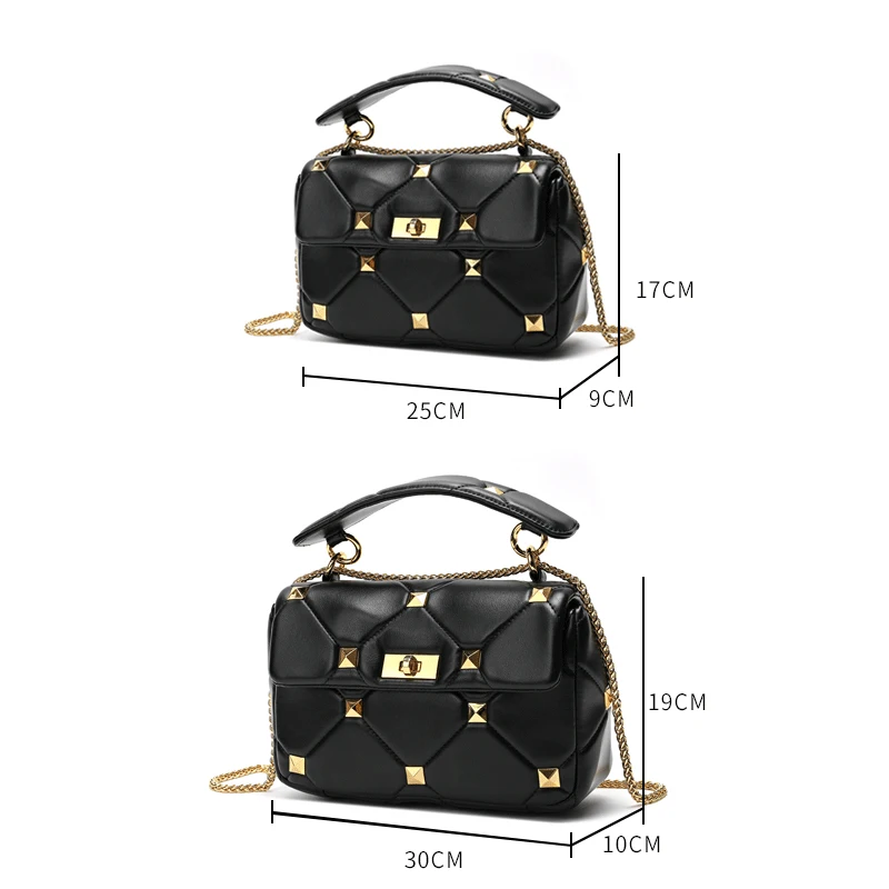 

Luxury Brand 100% Genuine Leather Large Rivet Chain Large Capacity Portable Square Bag Fashion Flip Shoulder Crossbody Bag Vlto