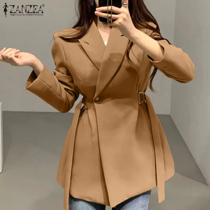 

Women's Solid Lapel Coats 2021 Autumn Belted Long Sleeve Outwear Female OL Jackets Oversized Cardigans ZANZEA New Fashion Blazer