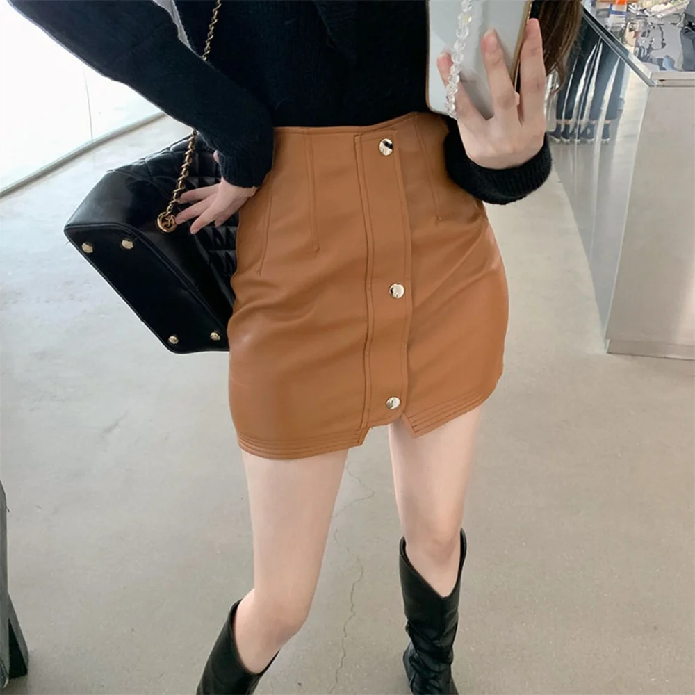 

동대문 Hong Kong Style Elegant Slim PU Mini Skirts Autumn Chic Sexy Bodycon 2021 Prom Casual High Waist Solid Office Lady Party