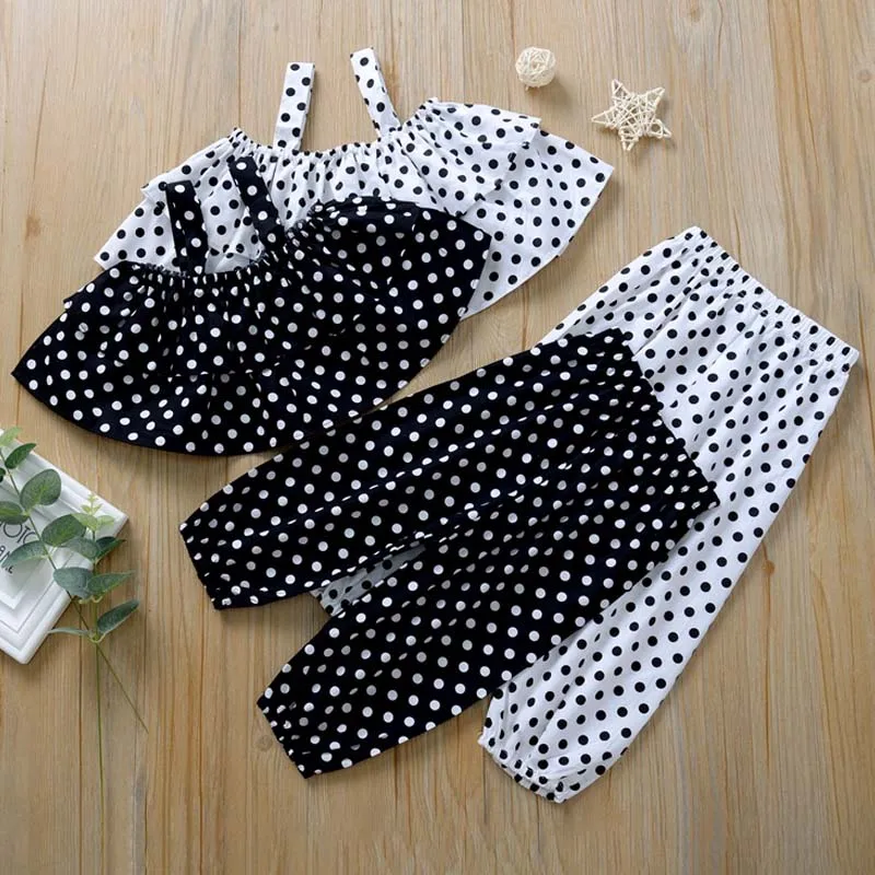 

Children's Suit Summer One-shoulder Sling Top + Lantern Casual Trousers Polka Dot Suit Europe America 2Color Kids Sets Girls Set