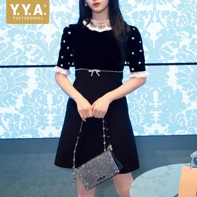 

Runway Designer Elegant Ladies Velvet Spliced Short Sleeve Lace Mini Dress Women Party Diamonds Pearls High Waist Vintage Dress