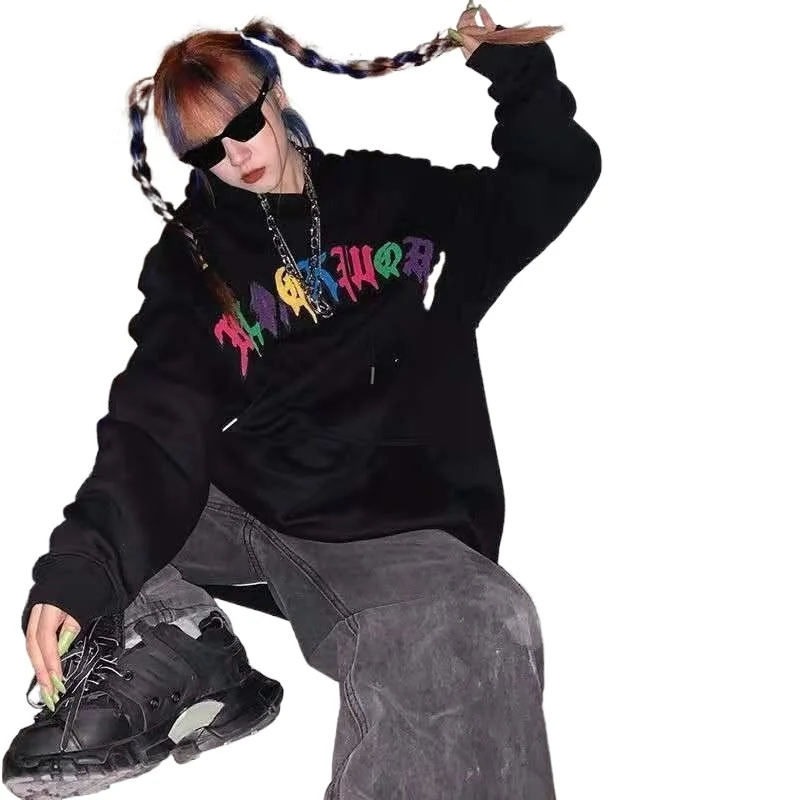 

Spring EA Harajuku Sweet Oversized Women Hooded Sweatshirt Pocket White BlackHeart Embroidery Hoodie Fashion Women Streetwear