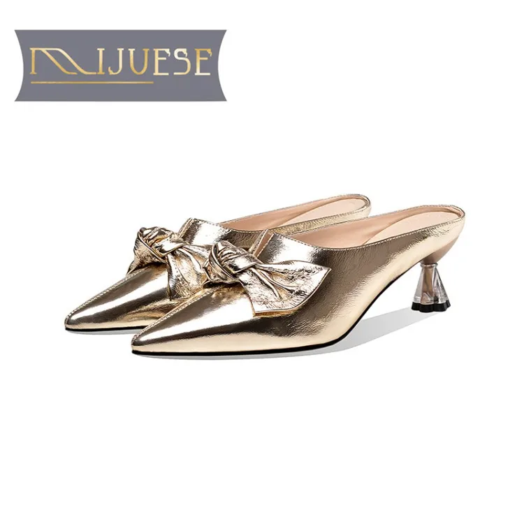 MLJUESE 2020 women slippers Soft cow leather Rome style summer pointed toe bow-tied silver color high heels sandals party | Обувь