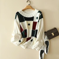 100 cashmere sweater women casual style loose patchwork crochet pullover sweatshirt o neck long sleeves new fashion