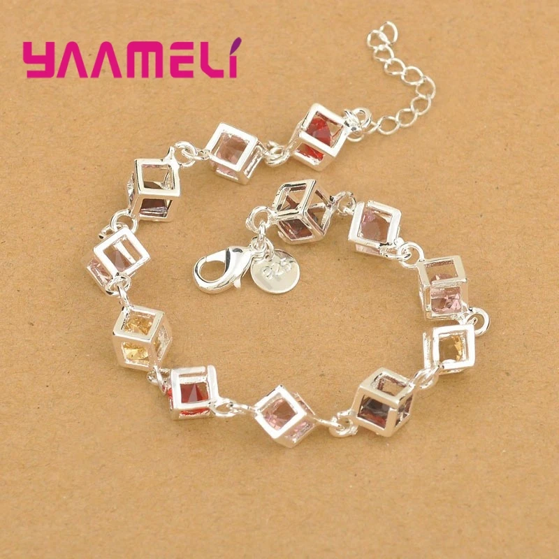 

Sweet Valentine's Gifts Shining 925 Sterling Silver Multicolor Cubic Zircon Stone Heart Charms Women Ladies Bracelet HOT