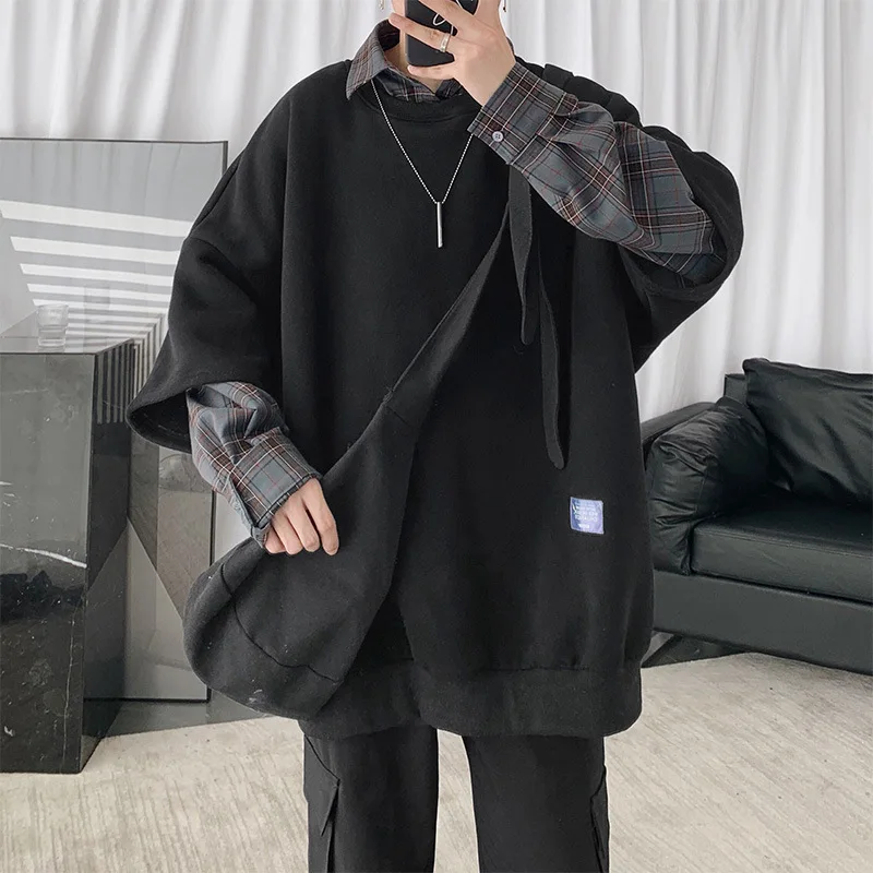 

Мужская Повседневная Толстовка с длинным рукавом, черный/хаки/зеленый пуловер свободного покроя из двух предметов, 2021