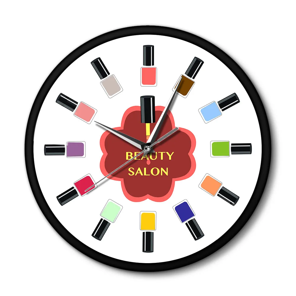 Beauty Salon 12 Colorful Nail Polish Wall Clock With Black Metal Frame Pedicure Stuido Art Watch Reloj De Pared | Дом и сад