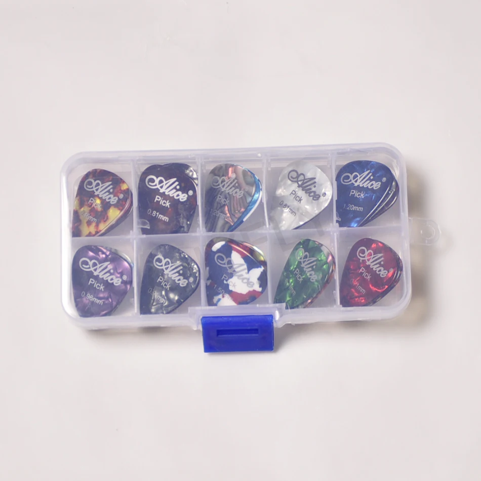 20 stücke alice perle celluloid akustische elektrische gitarre picks verschiedenen dicke plektren 1 kunststoff picks box fall free global shipp
