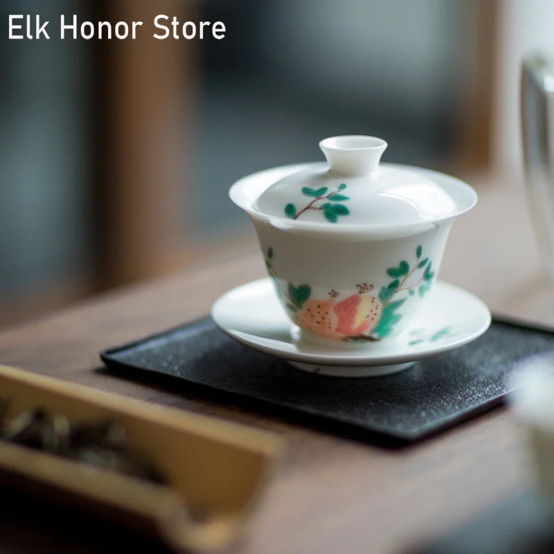

110ml Dehua White Porcelain Tea Bowl Hand Painted Pomegranate Gaiwan Ceramic Bowl with Lid Chinese Kung Fu Tea Tureen Teaware