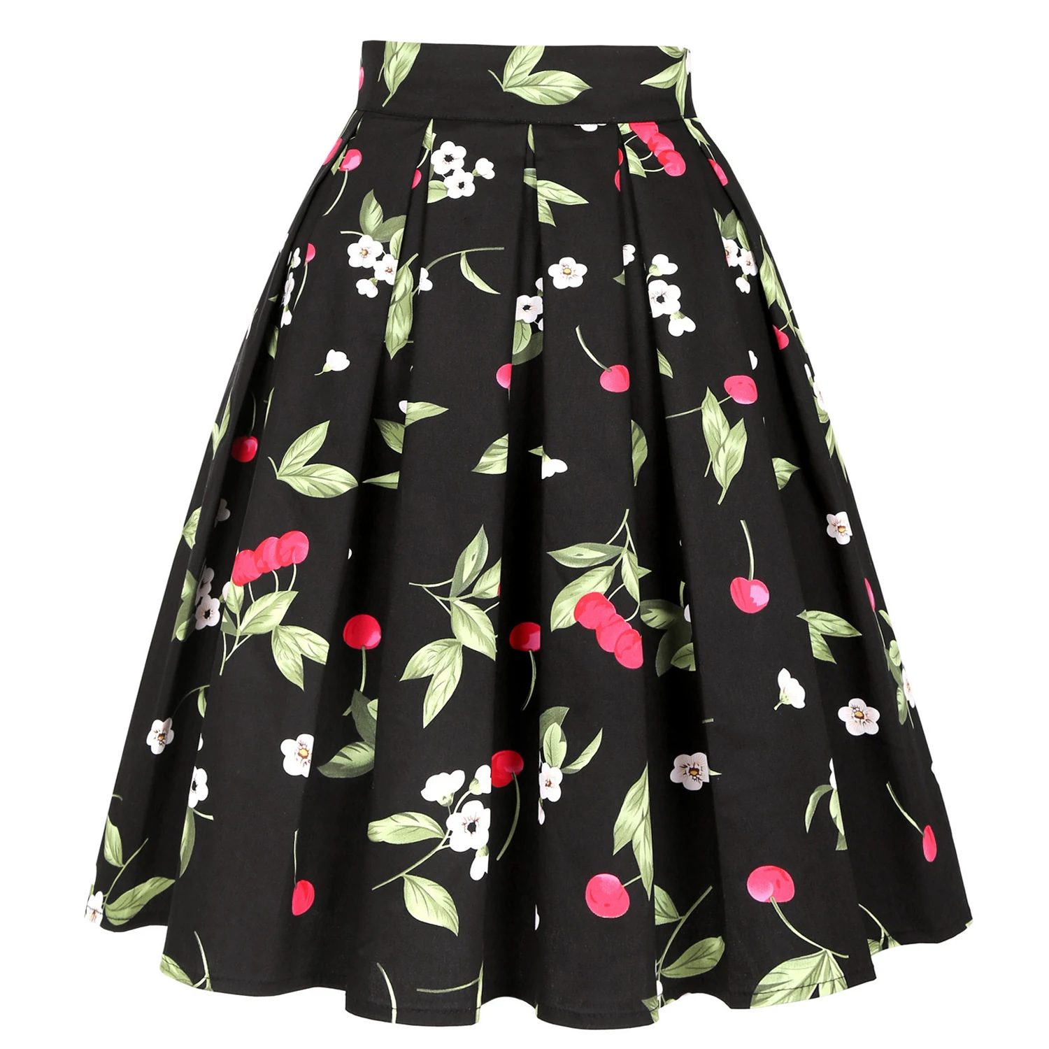 

Y2K Cotton Women Midi Skirt Black Cherry Printed Leaf High Waist Pinup Pleated Retro Vintage School Office 50s Rockabilly Skater