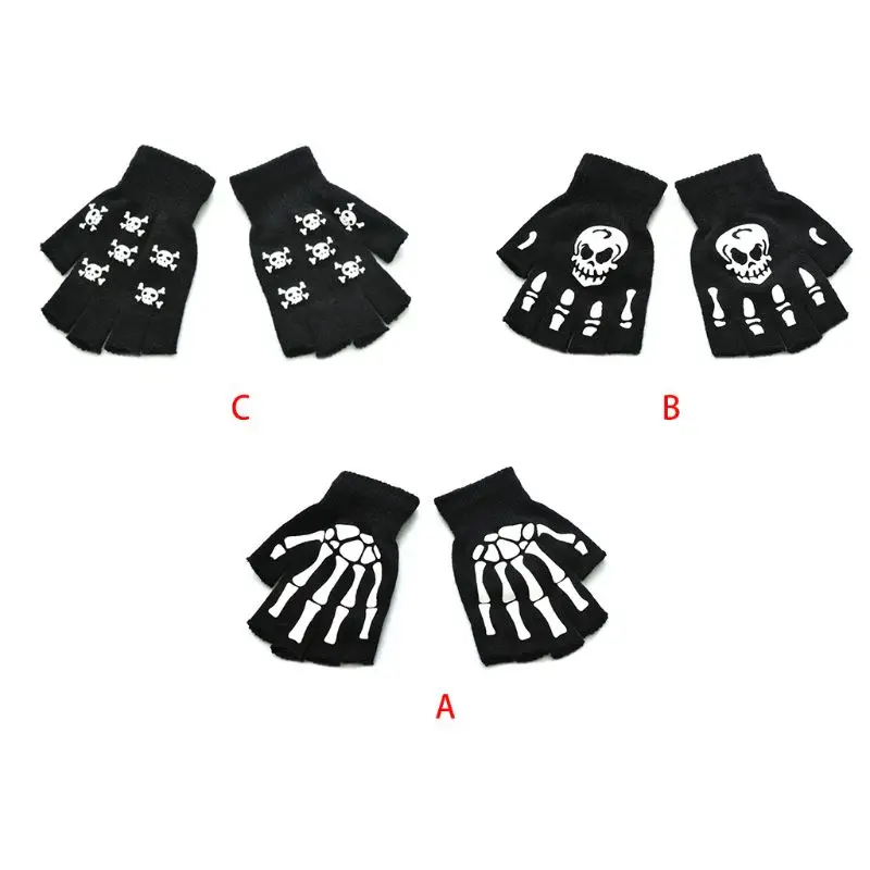 

Unisex Adult Halloween Skeleton Skull Half Finger Gloves Luminous Winter Mittens