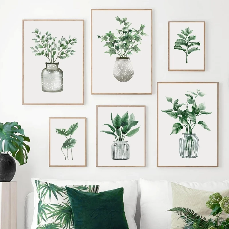

Simple Nordic Green Wall Art Prints Pictures Tropical Leaves Decor Potted Plant Leaf Canvas Painting and Posters for Living Room