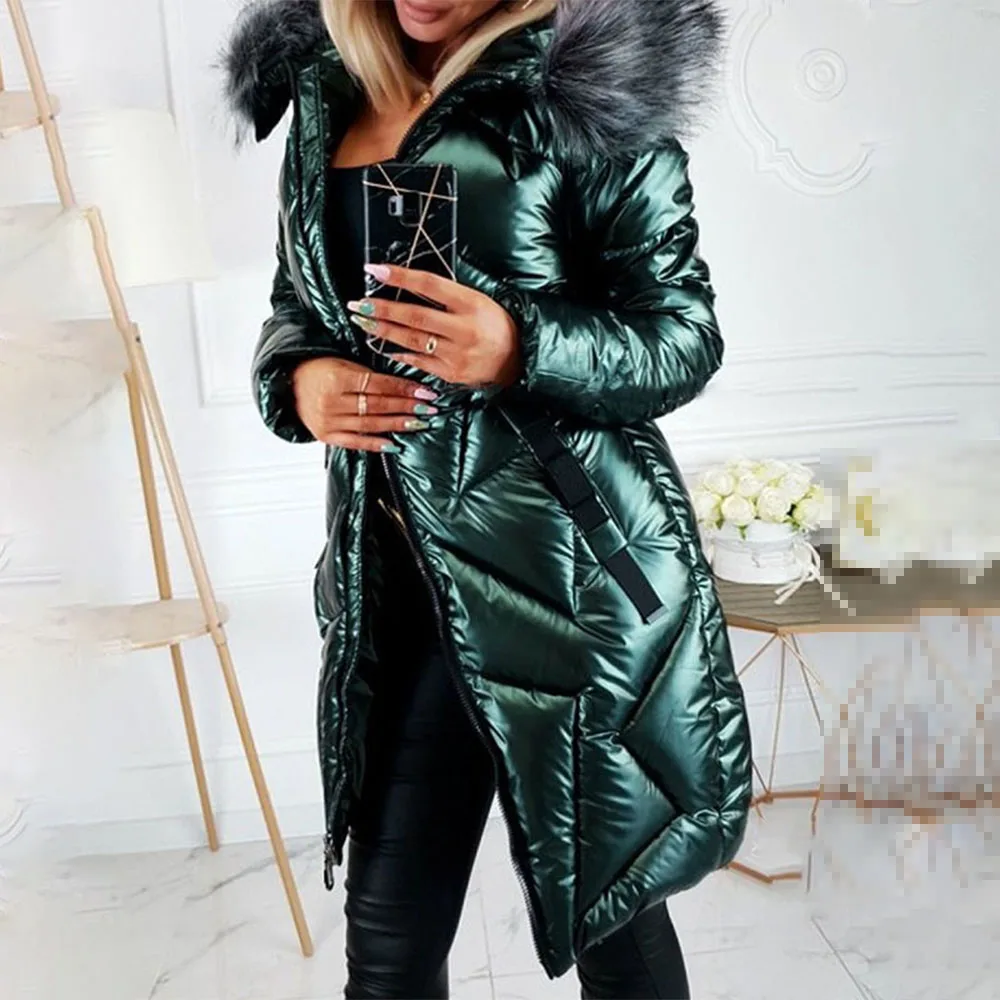 Women's Winter New Thick And Warm Long Solid Color Jacket With Faux Fur Collar Hooded Long Sleeves Solid Color Simple Jacket
