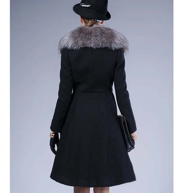 Модные женские пальто Длинная шерстяная двухбортная юбка с воротником из