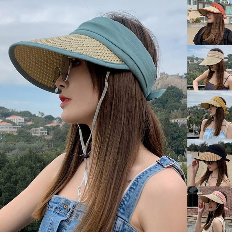 

Korean Women Empty Top Straw Sun Visor Hat Contrast Color Patchwork Wide Brim Sunscreen Adjustable Beach Baseball Cap