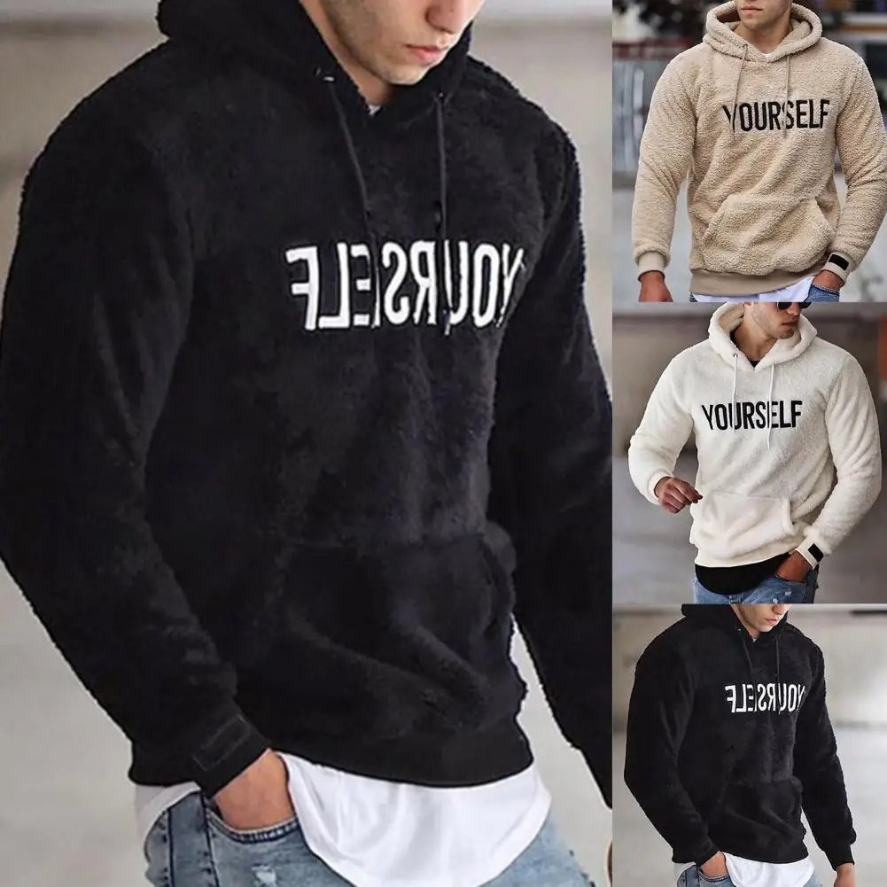 

Hooded Sweatshirt Letters Embroidery Long Sleeve Pullover Spring Men Pockets Plush Warm Hoodie for Street