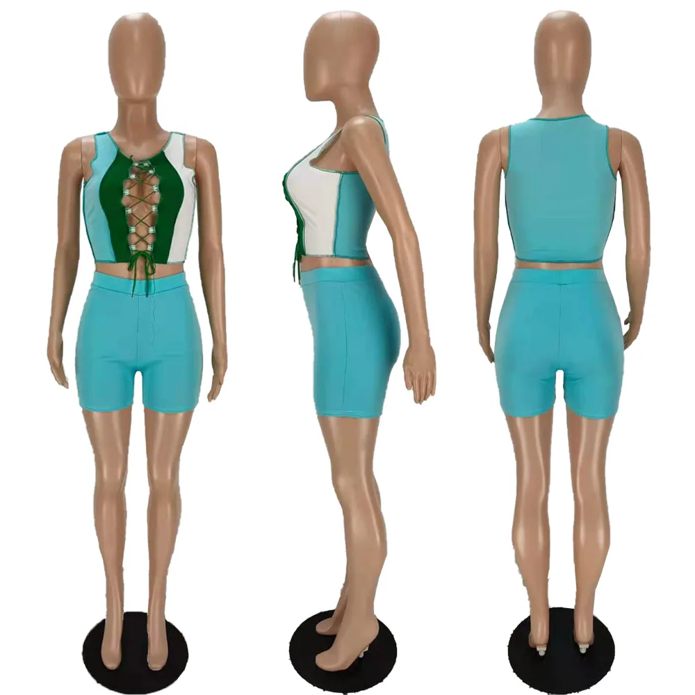 

Adogirl Two Piece Sets Women Patchwork Tank Top + Bike Shorts Sporty 2 Piece Outfits Sexy Party Club Wear Streetwear Matching Se