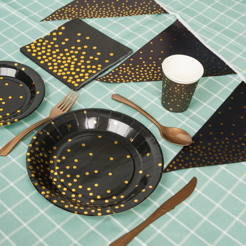 10 шт. посуда в черный бронзированный горошек одноразовая скатерть макет Детские