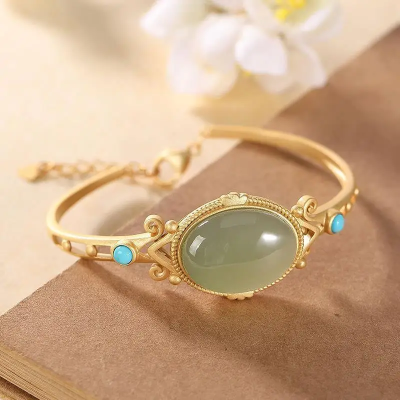 

Original S925 Sterling Silver Gilding Hetian Jade Gray Jade Green Pine Retro Classical Chinese High-End Ladies Brace Lace Bracel