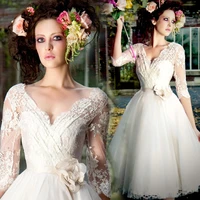 free shipping sexy sleeves romantic 2015 casamento v neck vestido de noiva renda lace bridal gown vintage short wedding dress