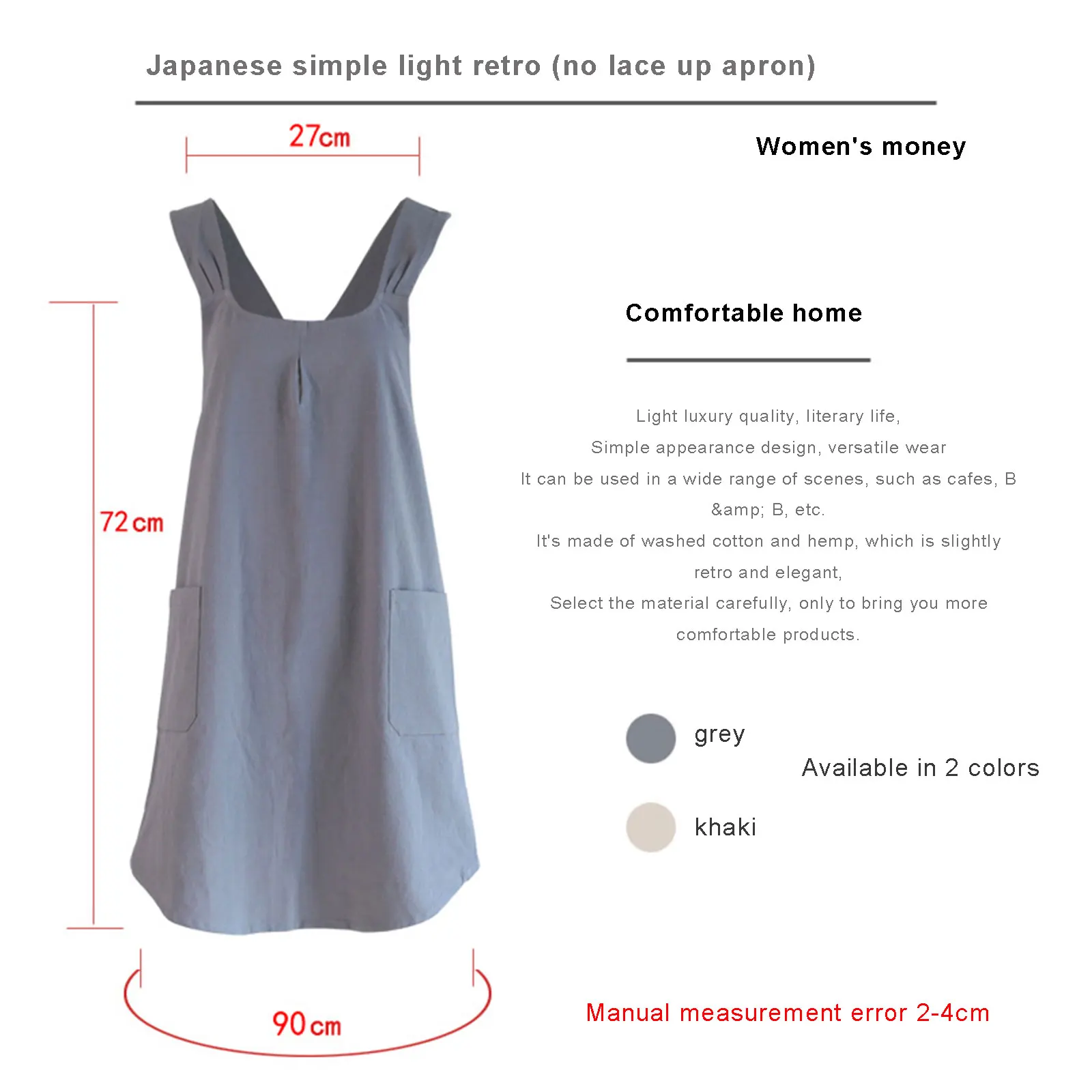 

Cotton Linens Apron for Kitchen Retro Solid Color Strap Pinafore with Pocket Baking Accessories Household Master Coffee Bar