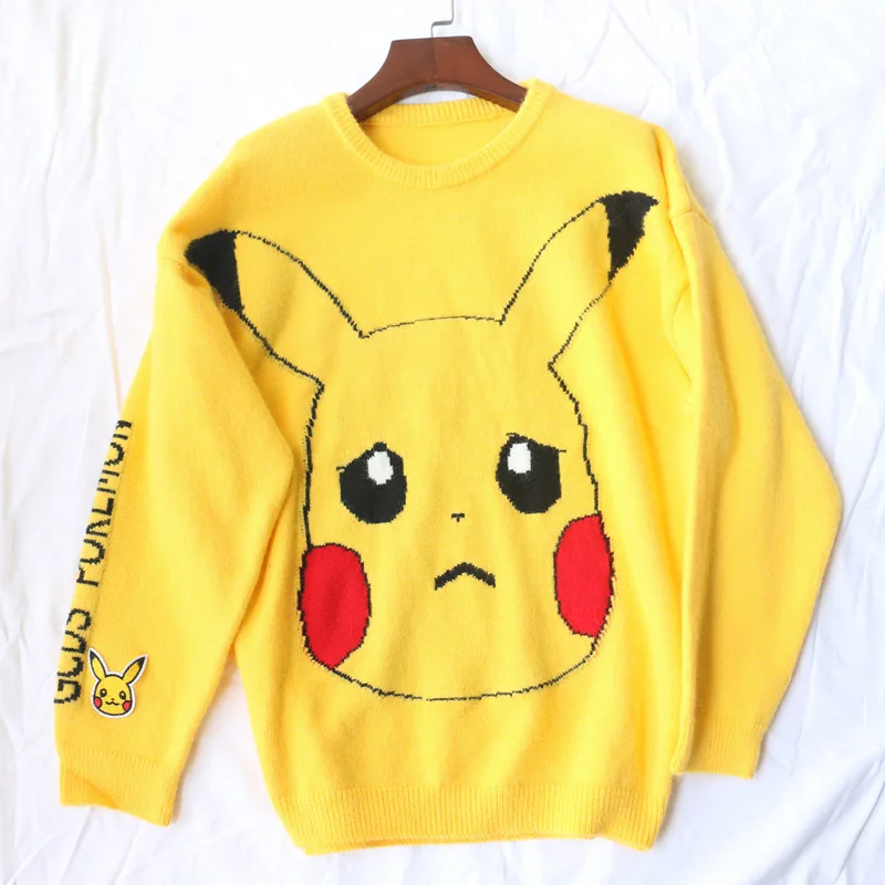 Cute Pokemon Cartoon Knitted Sweater Women 2019 Autumn Chic Pikachu Appliques O-Neck Pullover Harajuku Loose Soft Jumper Tops | Женская