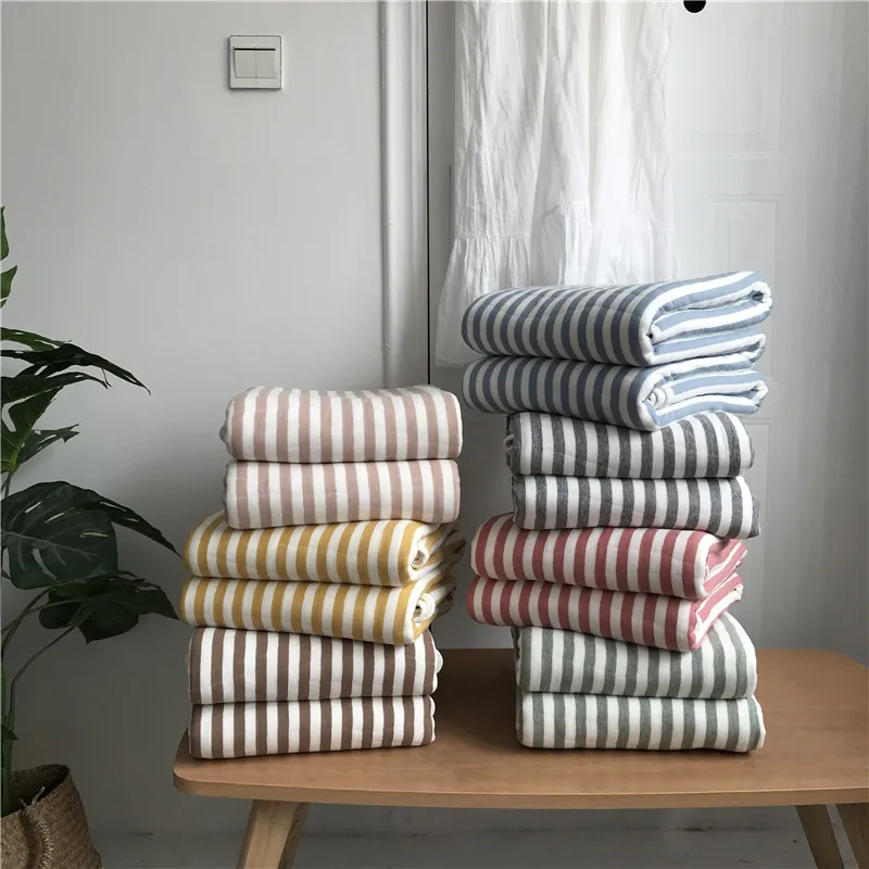 Трикотажный хлопчатобумажный Летний одеяло японский серый голубой полосой Queen