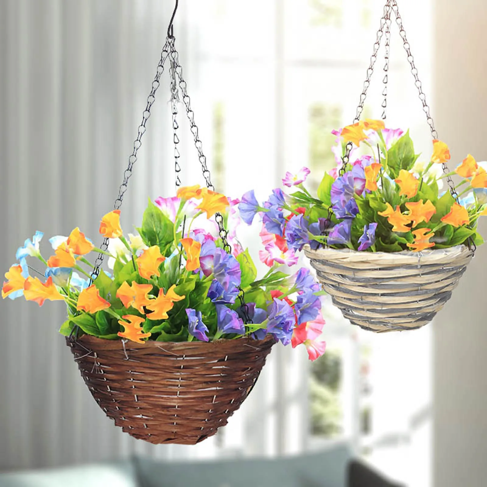 Flower Pot Basket With Chain Garden Decoration Hanging Planting Baskets Outdoor Indoor Rattan Woven Decorative Flowerpot