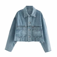2021 ins high street vintage fashion blue denim jackets streetwear pocket casual oversize jean coat ladies short style tops