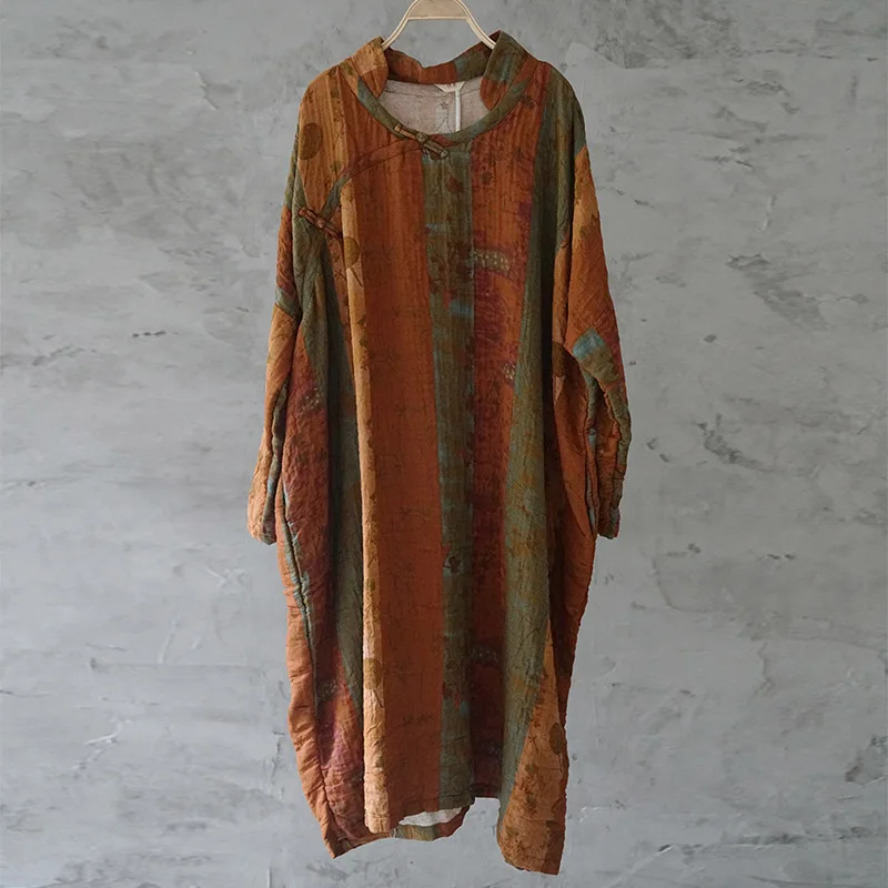 

SCUWLINEN 2021 Women Spring Autumn Dress Vintage Print Batwing-sleeve Plus Size Loose Long Cotton Robe Zen Chinese Style P300