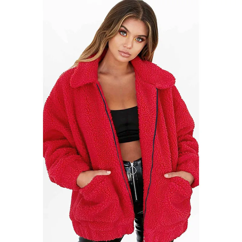 

Imitation Fur Plush Loose Coat Jacket Solid Color Turn-down Collar Zipper Pocket Coats Faux Fur Autumn Winter Coat Plus Size 3XL