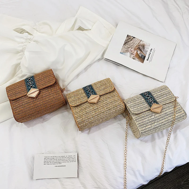 

Fashional Women Shoulder Bag Durable Anti-wear Chain Straw Bags for Money Mobile Phone Coins Beach-B5