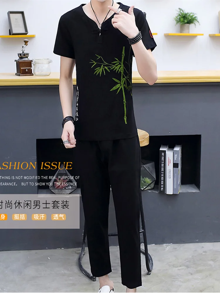 

Men's Summer Comfortable Pure Cotton+Linen Sets Embroidery bamboo Thin T-shirt+pants Men breathable Shirt + trousers