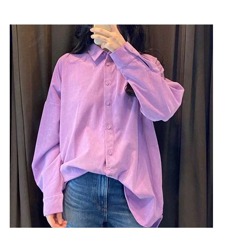 

Artsnie Purple Corduroy Shirt Women Winter 2020 Turn Down Collar Long Sleeve Tops Femme Sweet Shirts Oversized Blouses Blusas