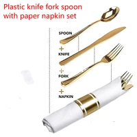 disposable tableware wedding cutlery plastic gold knife fork spoon with paper napkin set table decor party christams supplies