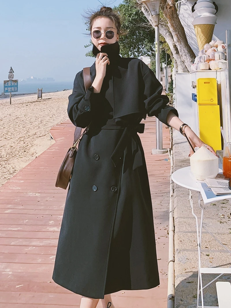 

Black Women's Windbreaker Autumn 2021 Elegant High-end Long Sleeve Temperament Korean Thin Mid-length Trench Coat With Belt