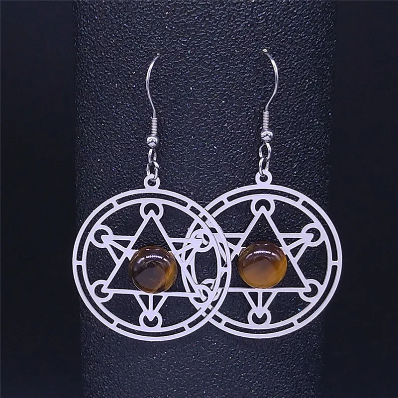 

2021 Yoga Flower of Life Stainless Steel Natural Stone Earring Women Silver Color Rorund Dangle Earrings Jewelry brinco EXS04