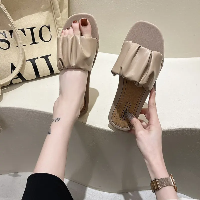 

Shoes Woman 2021 Slippers Flat Shale Female Beach Luxury Slides Low Pantofle Sabot Designer Soft New Fabric PU Rome Basic Casual