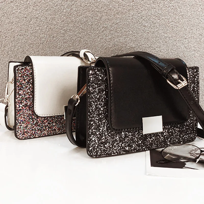 New Fashion Sequins Leather Lock Small Square Bag Wild Shoulder Messenger | Багаж и сумки