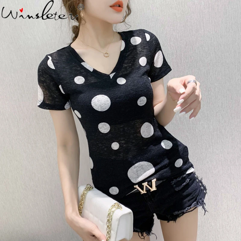 

Summer European Clothes T-Shirt Print Dot Girl Fashion Women Tops Short Shirt Tees Bottoming Shirt Slim All Match 2021 T14010A