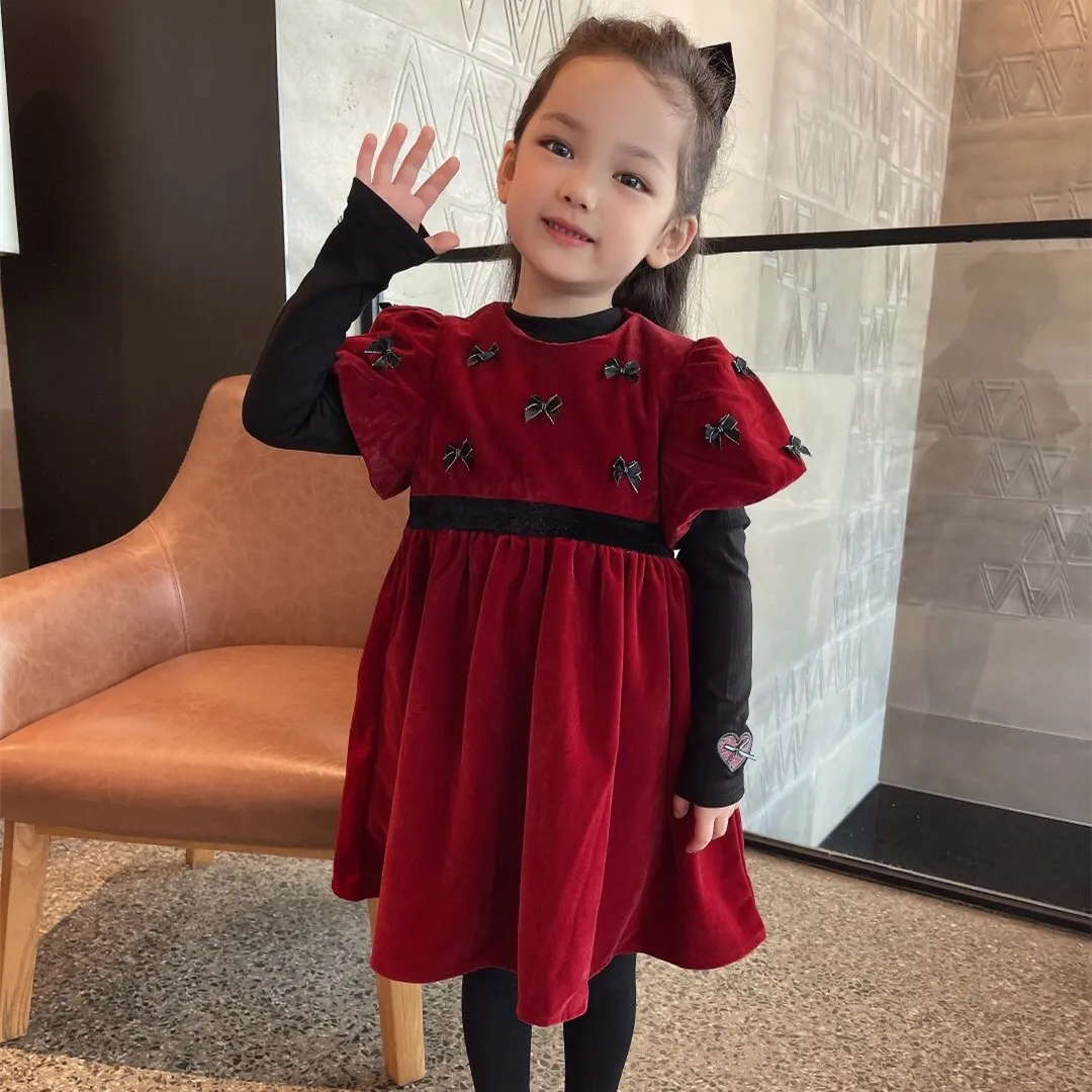 

Red velvet girls high-quality short-sleeved dress autumn winter new bow knot round neck princess dress