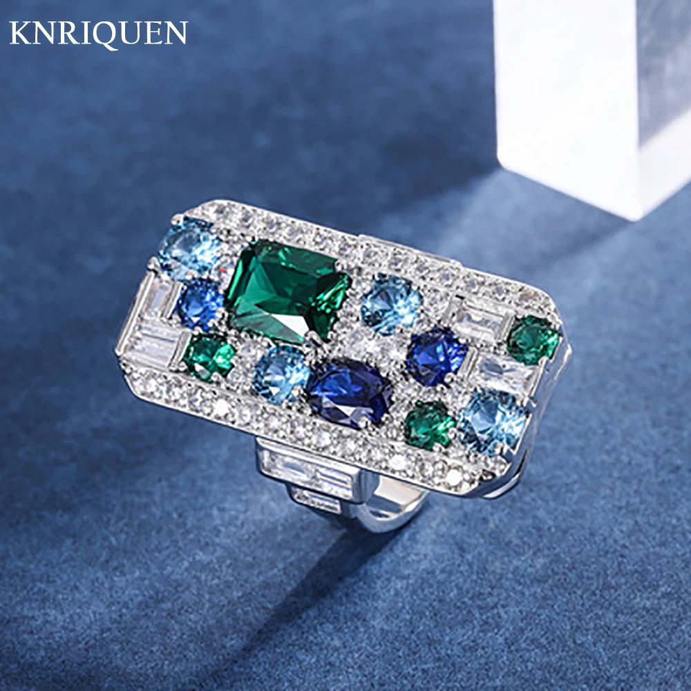 

Luxury Vintage 925 Sterling Silver Emerald Sapphire Aquamarine Gemstone Big Ring Women's Vintage Cocktail Party Ring Charms Gift