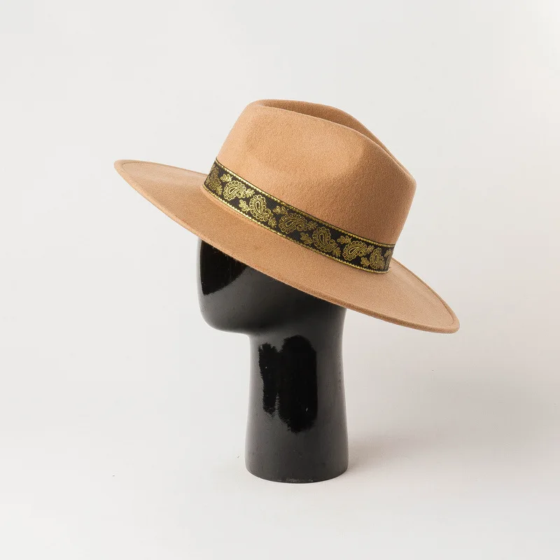 Autumn Winter Fashion wool Embroidery decorative ribbon Wide Jazz Shopping Tourist Style Felt Fedoras Hats for Women Men