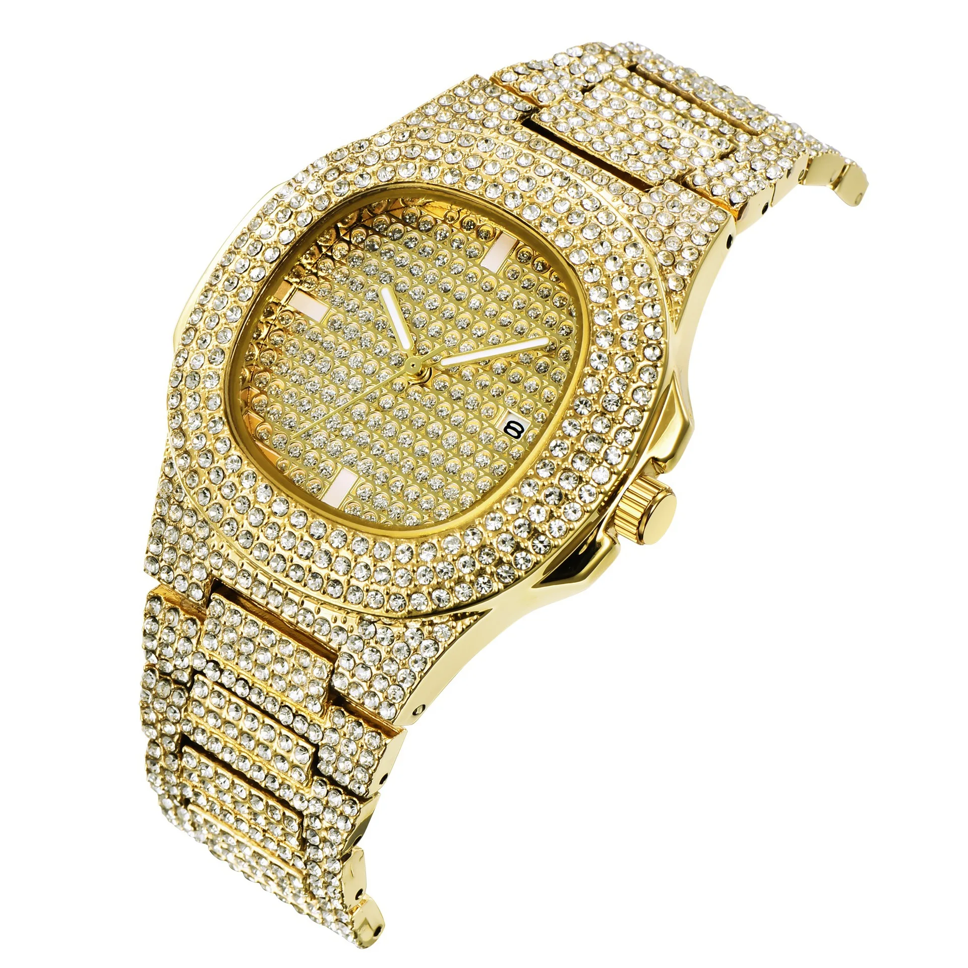 

Top Brand Luxury Brand Watches For Men Full Diamond Alloy Band Date Business Watch Gift Gold Men Quartz Clock Relogio Masculino