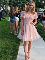 sweet short pink lace cocktail dresses for girl a line off the shoulder mini homecoming dress for lady spring graduation gowns
