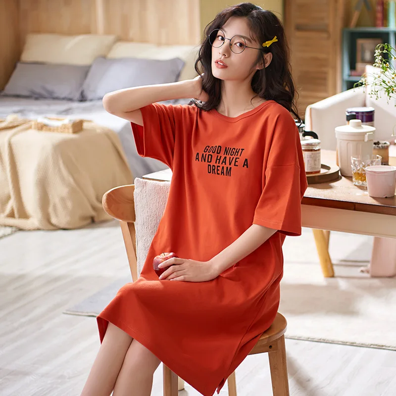 2021 New Nightdress Women's Summer Cotton Nightgown Short Sleeve Cute Nightwear Thin Home Clothes Sleepwear Sleeping Dress