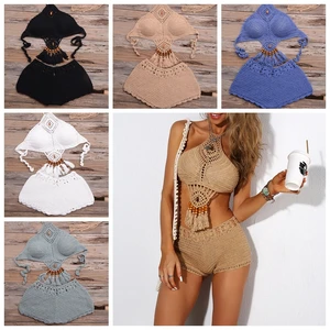 2020 Новые вязаные крючком Короткие топы с кисточками ручной работы + короткая Нижняя накидка сексуальные женские вязаные повседневные пляжные купальники