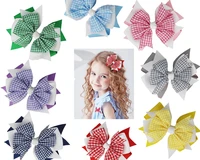 wholesale 20pcs 4 5 back to school gingham ribbon stacked girl hair bow clips plaid bows hair accessories for baby baby girls