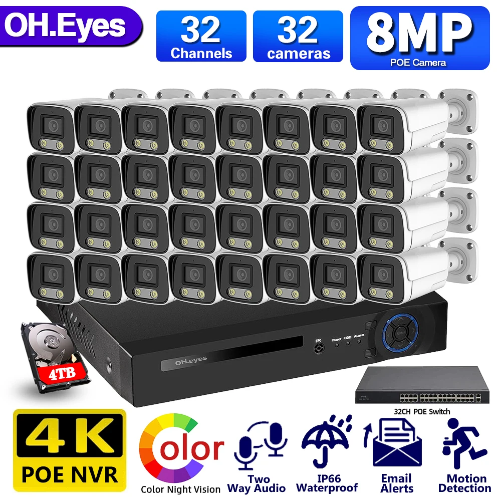 

32CH 4K NVR HD POE Kit CCTV Security System 8MP Ai Human Detection WaterProof Outdoor Ip Camera Video Surveillance Set