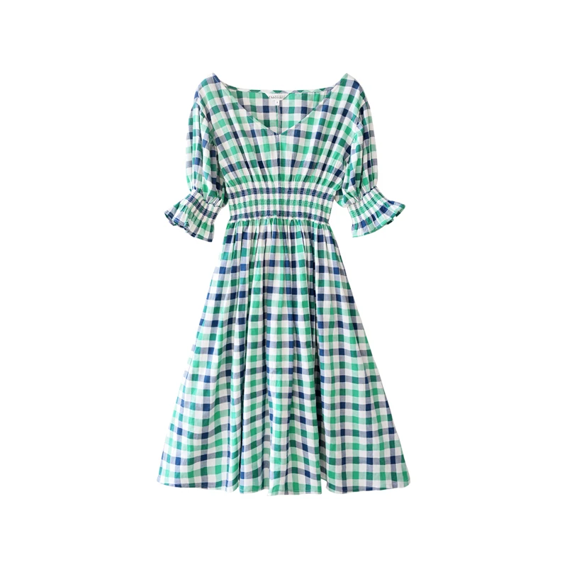 

Dabuwawa Women's High Waist Plaid Dress New Summer High Waist V-Neck Puff Sleeve Dress D18BDR162